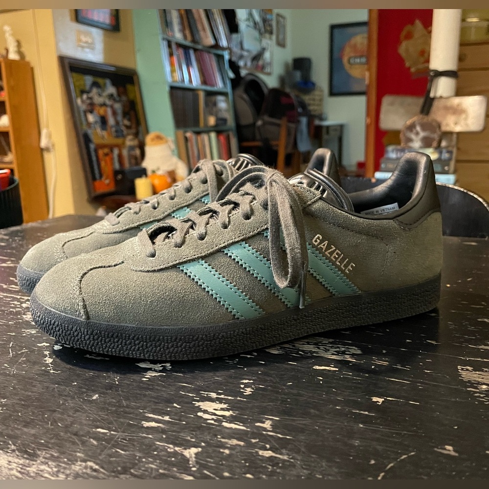 adidas Gazelle Suede Sneakers in Olive/Grey with Teal Stripes